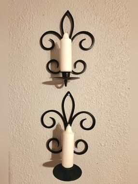 Brown Fleur-de-Lis Wall Candle Sconces with Cream Candles, Set of 2
